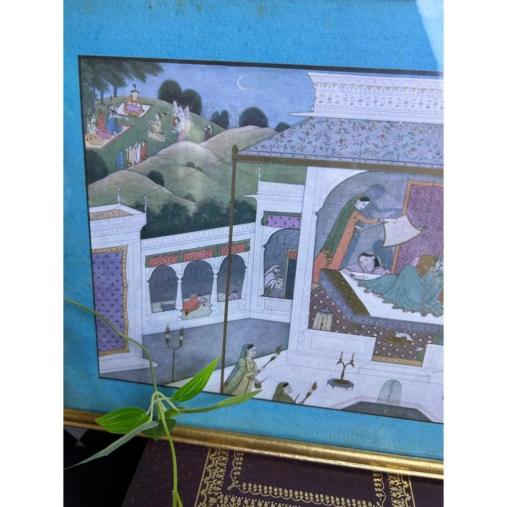 Vintage Framed Indian Pahari Mahabharata Print Palace Scene Wall Art